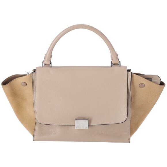 Celine Handbags - Celine Trapeze Convertible Satchel Crossbody Suede Leather Beige Silver Italy